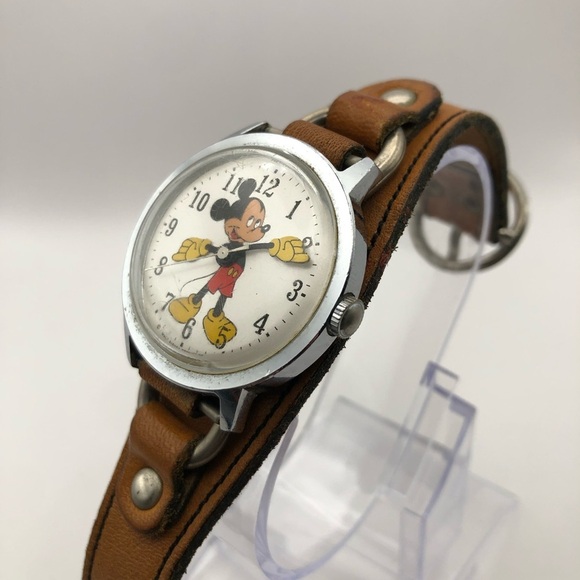 Disney Timex Vintage Mickey Mouse Unisex Watch Brown Band (Needs Battery) Works main image 4